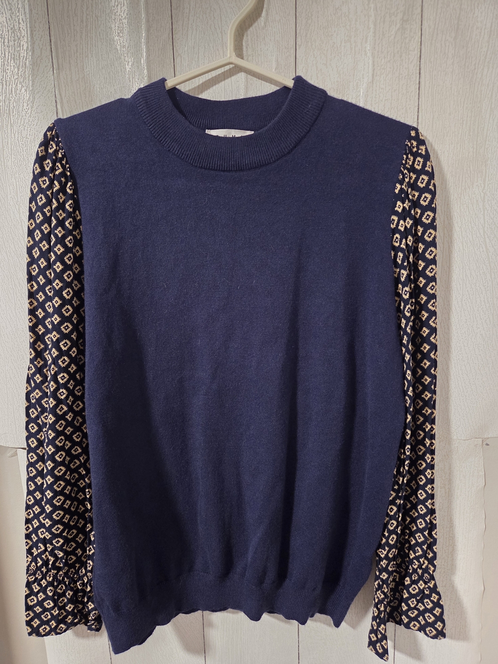 THML Navy Sweater with Patterned Cream Sleeve Accents